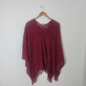 Poncho Sweater Women's One Size Burgundy Fringe Pointelle Knit Boho